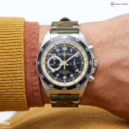 Yellow Tribal Print Leather Watch Strap on Bell & Ross Vintage Automatic Matt Black Dial aluminium Men's Watch
