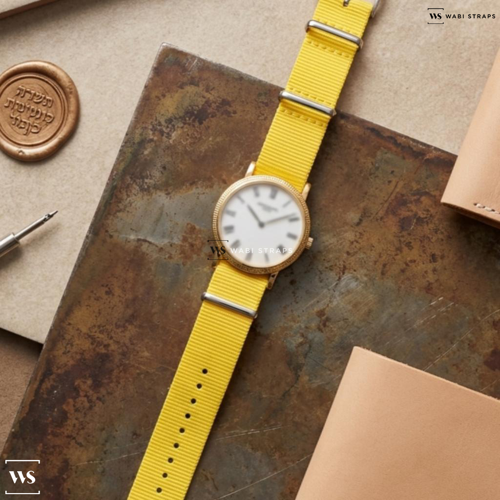 Yellow Bright Solid Plain Nylon Watch Strap on Patek Philippe Calatrava 18K Vintage