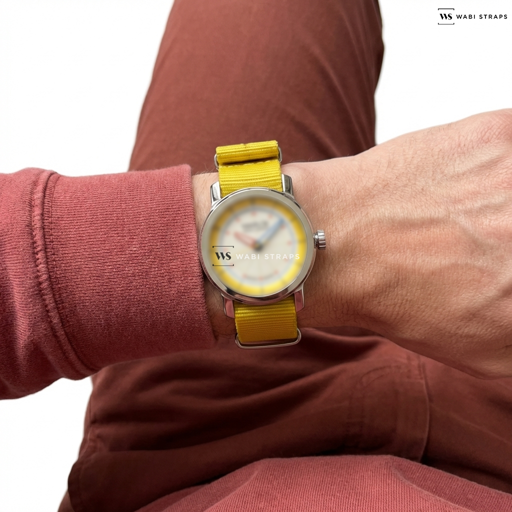 Yellow Bright Solid Plain Nylon Watch Strap on Marloe Watch Co Tay 35mm - Itten Embossed Grain Teal