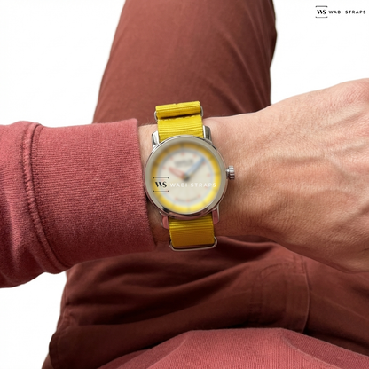 Yellow Bright Solid Plain Nylon Watch Strap on Marloe Watch Co Tay 35mm - Itten Embossed Grain Teal