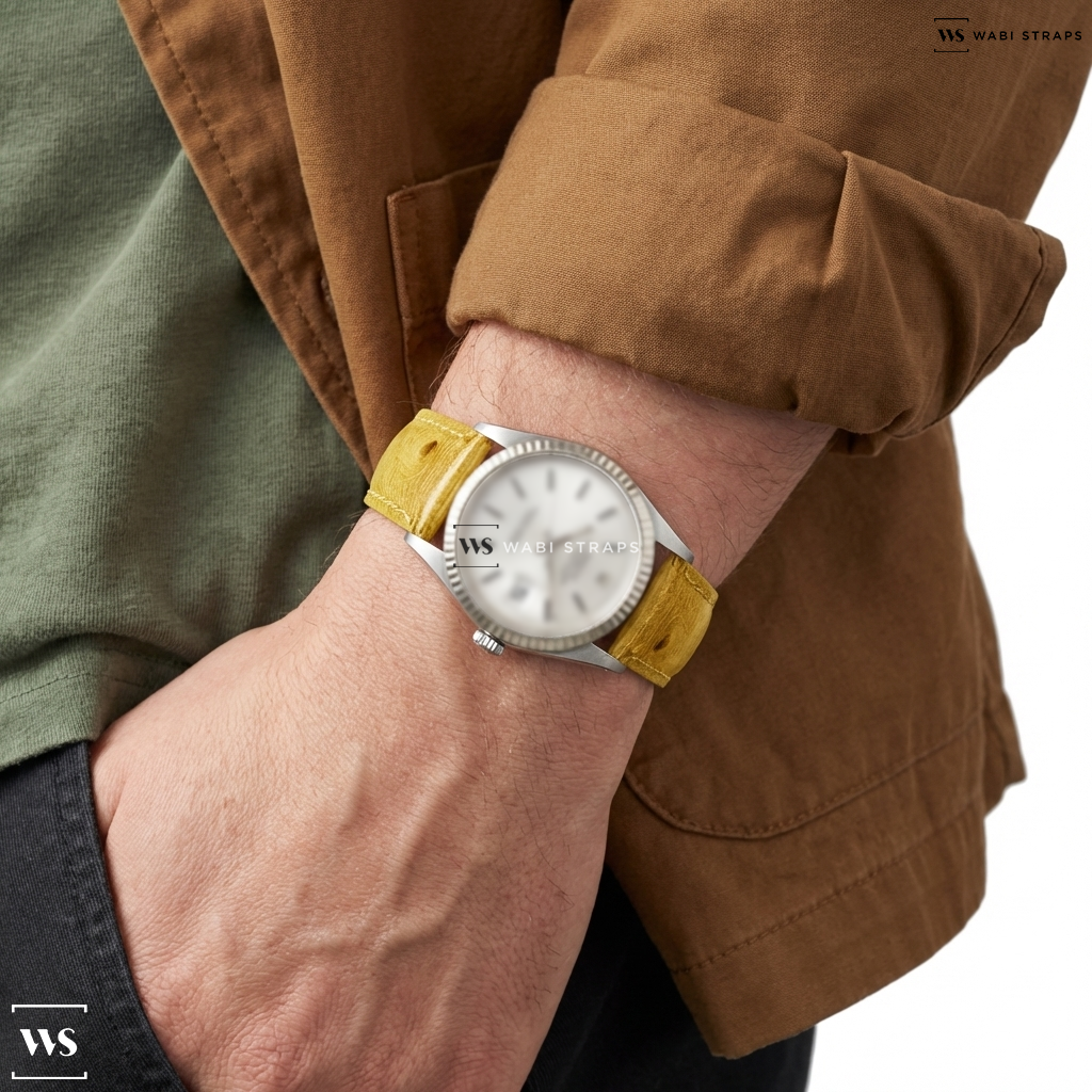 Yellow Ostrich Grain Leather Watch Strap on Rolex Datejust Ref. 1601