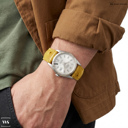 Yellow Ostrich Grain Leather Watch Strap on Rolex Datejust Ref. 1601