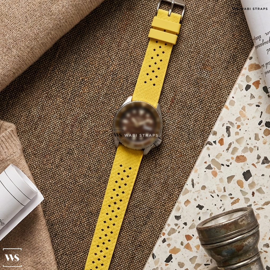 Yellow Textured Rubber Watch Strap on Seiko 5 Sports Automatic Watch with Brown Dial and Two-Tone Case #SRPK24