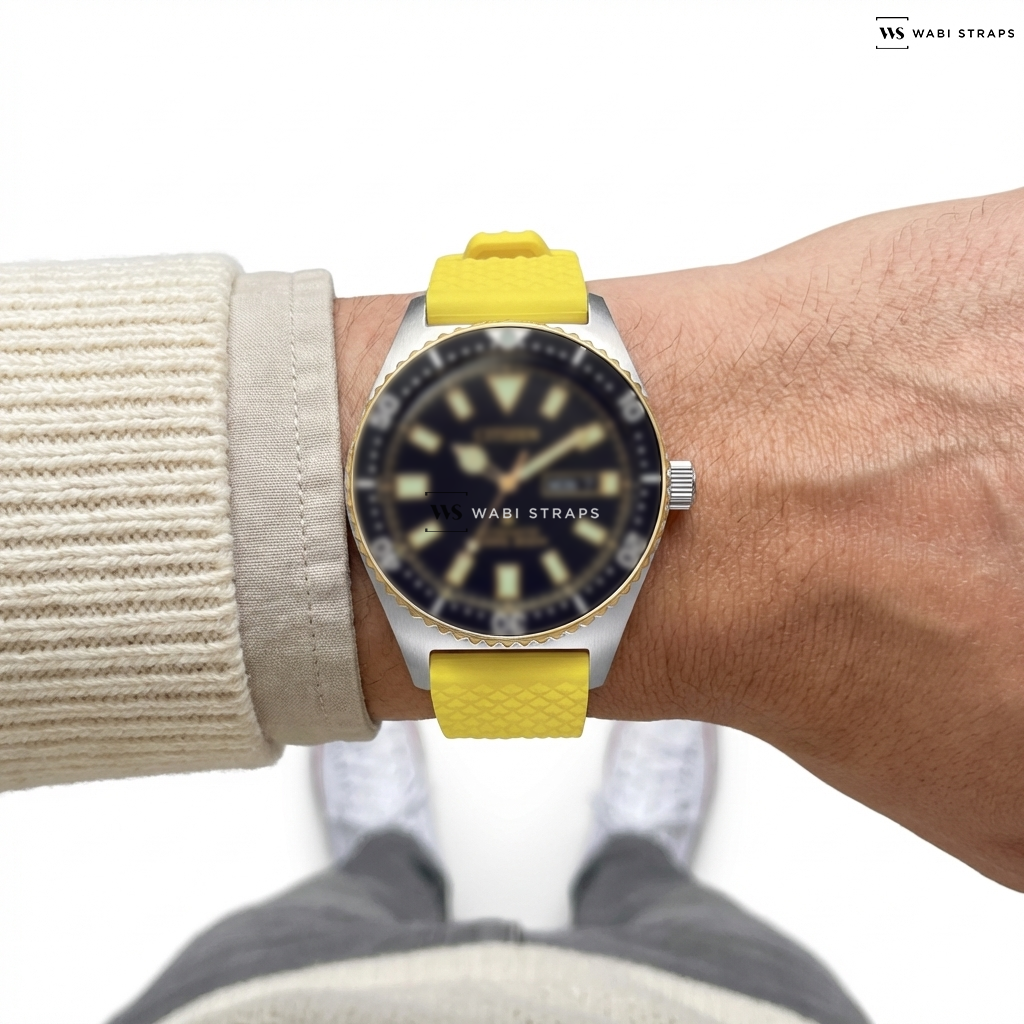 Yellow Textured Rubber Watch Strap on CITIZEN NY0125-83E PROMASTER MARINE DIVER MEN WATCH