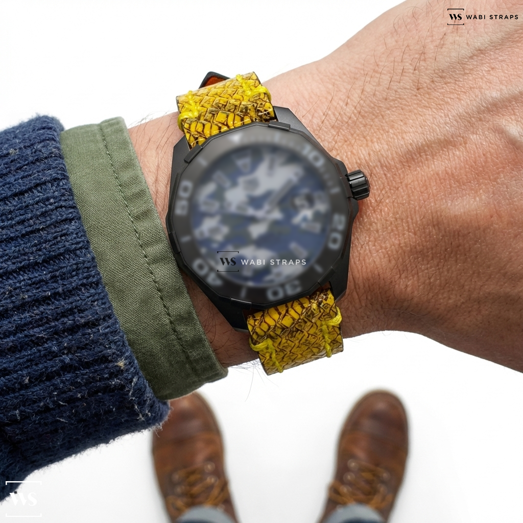 Yellow Python Grain Leather Watch Strap on TAG Heuer Aquaracer Calibre 5 Automatic Blue Dial Men's Watch
