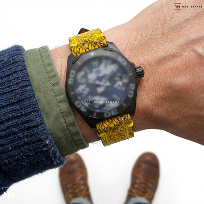 Yellow Python Grain Leather Watch Strap on TAG Heuer Aquaracer Calibre 5 Automatic Blue Dial Men's Watch