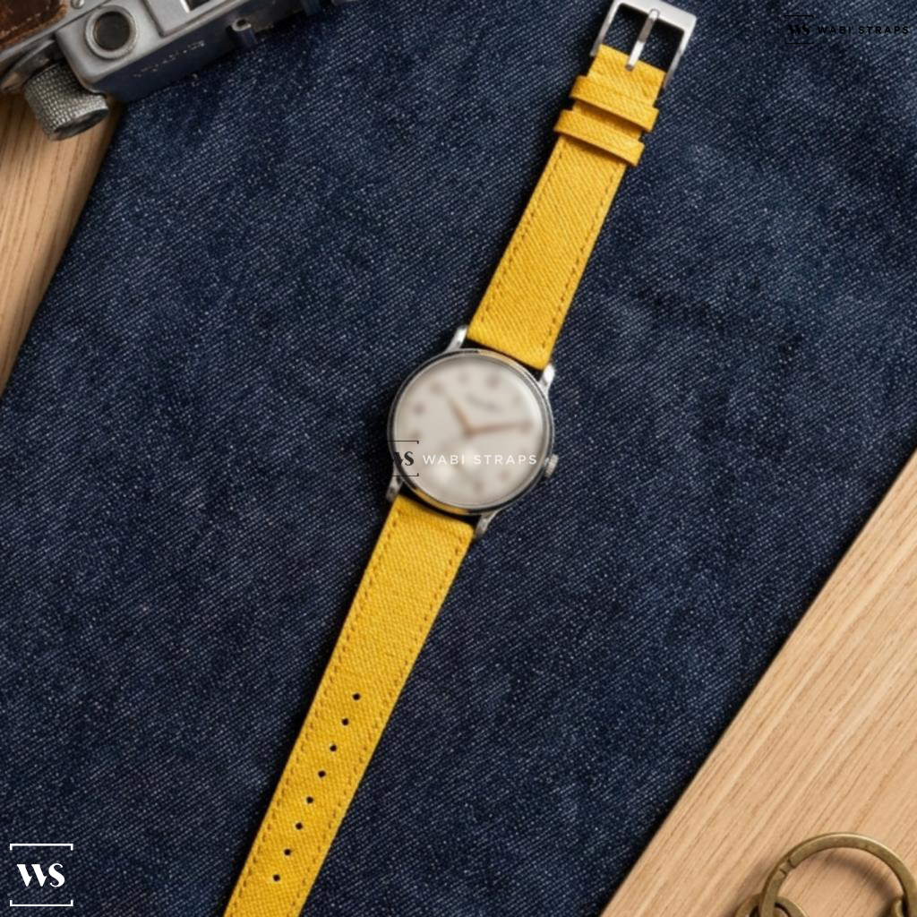 Yellow Cross Hatch Leather Watch Strap on IWC Calatrava