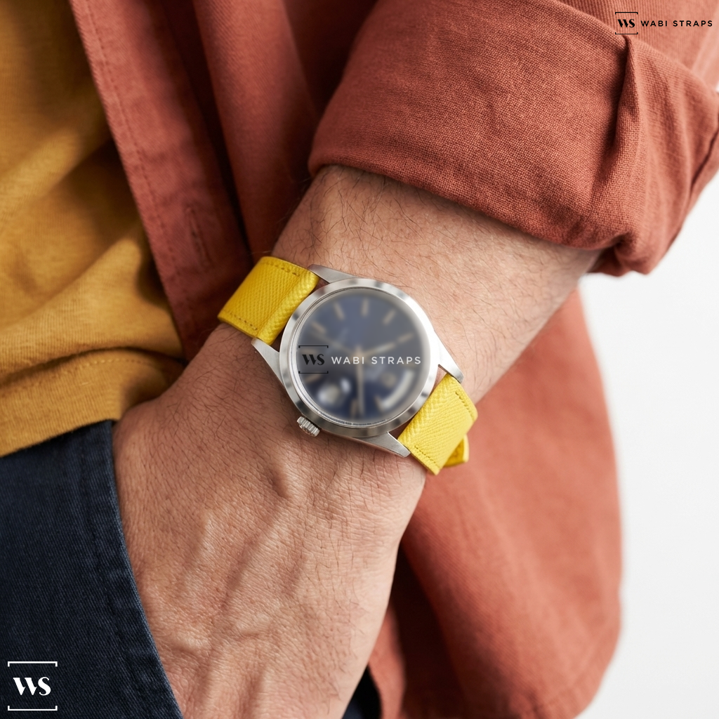 Yellow Cross Hatch Leather Watch Strap on Tudor Date Day ‘Jumbo’