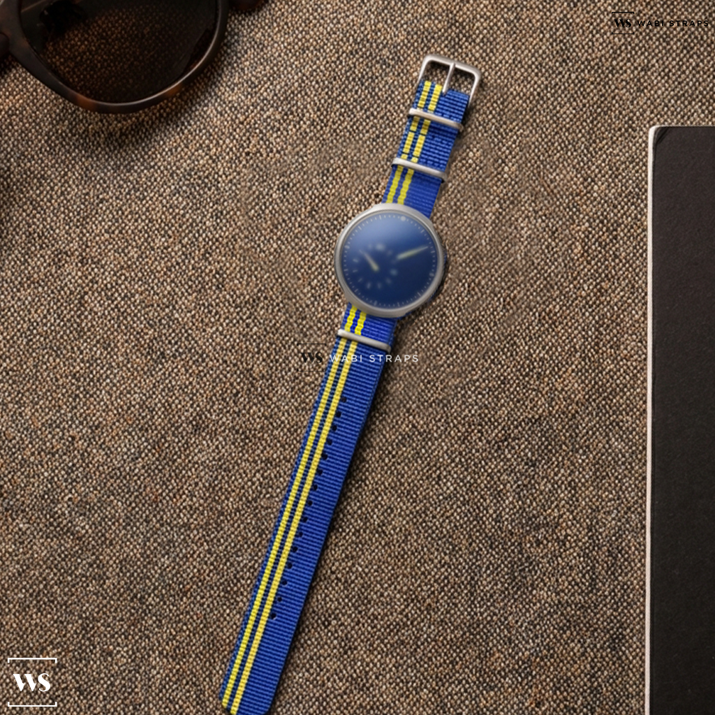 Blue/Yellow 2 Side Stripes Nylon Watch Strap on Ressence Type 8 Cobalt Blue