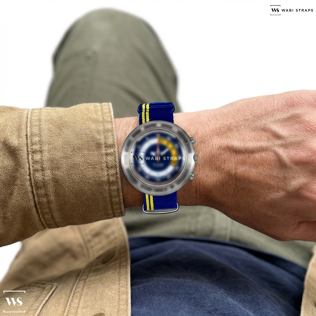 Blue/Yellow 2 Side Stripes Nylon Watch Strap on Memosail Yachting Chronograph