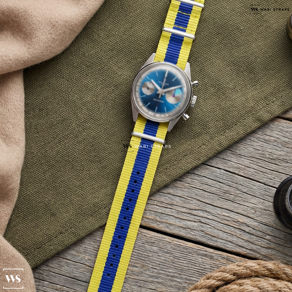 Blue/Yellow 3 Stripes Nylon Watch Strap on Masena Lab Uni Racer Big Eye Chronograph Blue