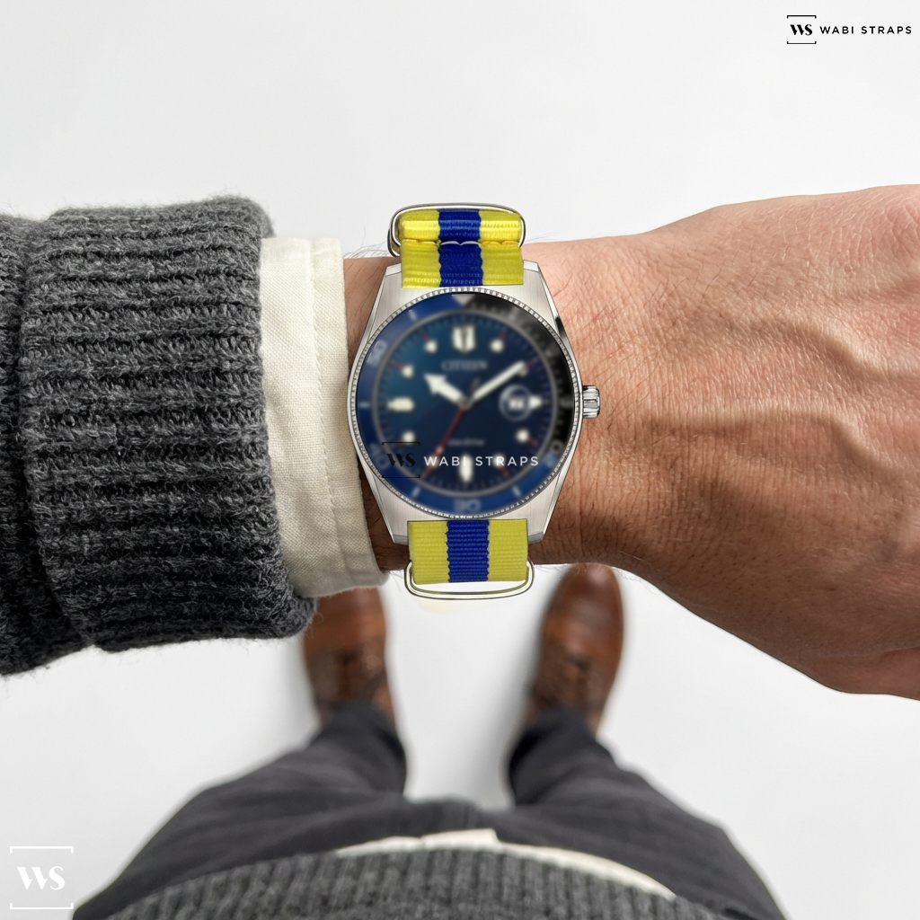 Blue/Yellow 3 Stripes Nylon Watch Strap on Citizen Eco-Drive Sports AW1761-89L