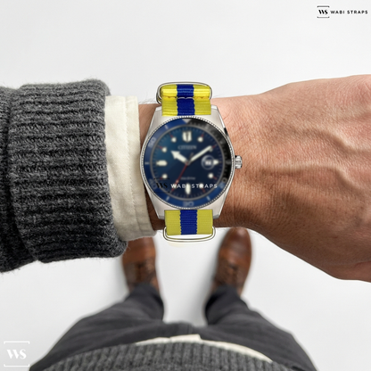 Blue/Yellow 3 Stripes Nylon Watch Strap on Citizen Eco-Drive Sports AW1761-89L