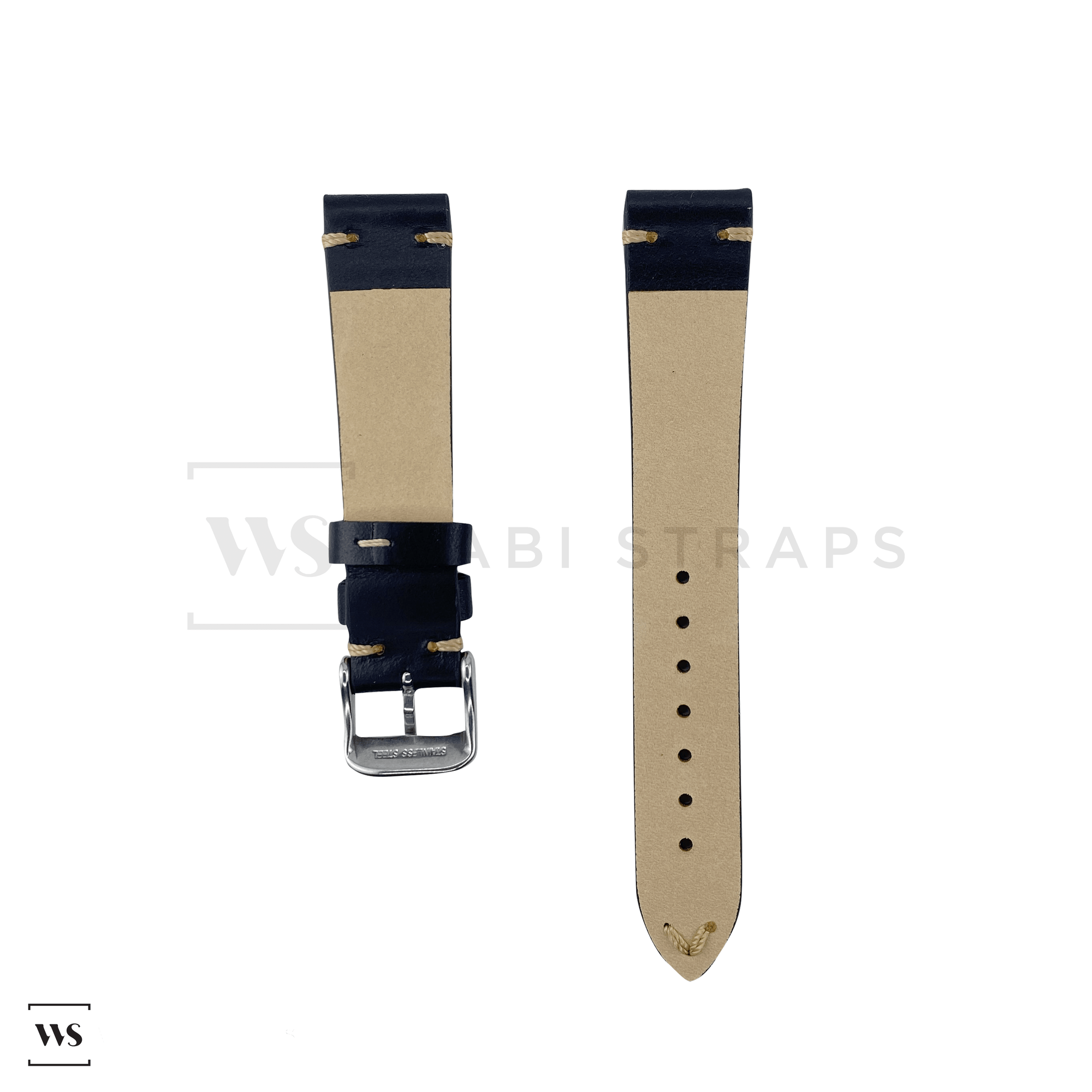 Black Two Stitch Smooth Leather Strap Front