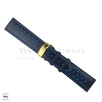 Blue Perforated Rally Watch Strap Gold Buckle Flat